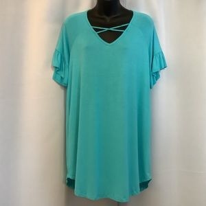 BE Stage Tunic Women’s Large Ruffle Short Sleeve Turquoise